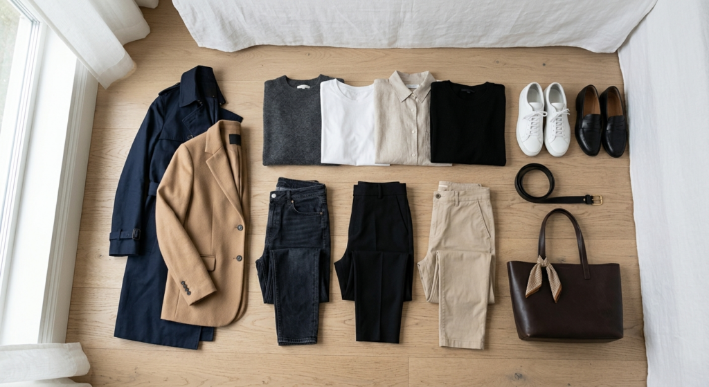 Minimalistisk garderobe med få, multifunktionelle tøjstykker der kan kombineres på mange måder