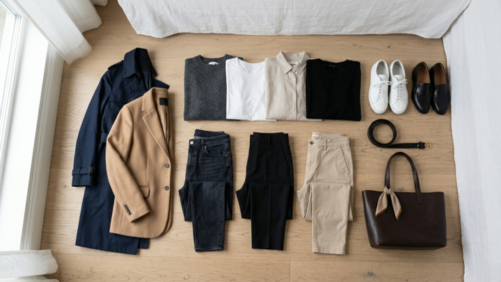 Minimalistisk garderobe med få, multifunktionelle tøjstykker der kan kombineres på mange måder