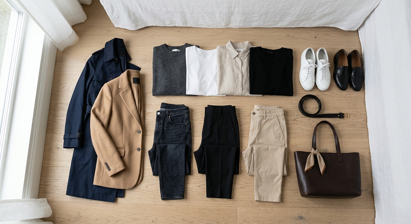Minimalistisk garderobe med få, multifunktionelle tøjstykker der kan kombineres på mange måder