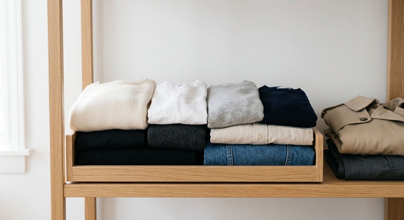 Organiseret og pent foldet tøjsamling der illustrerer minigarderobe-konceptet