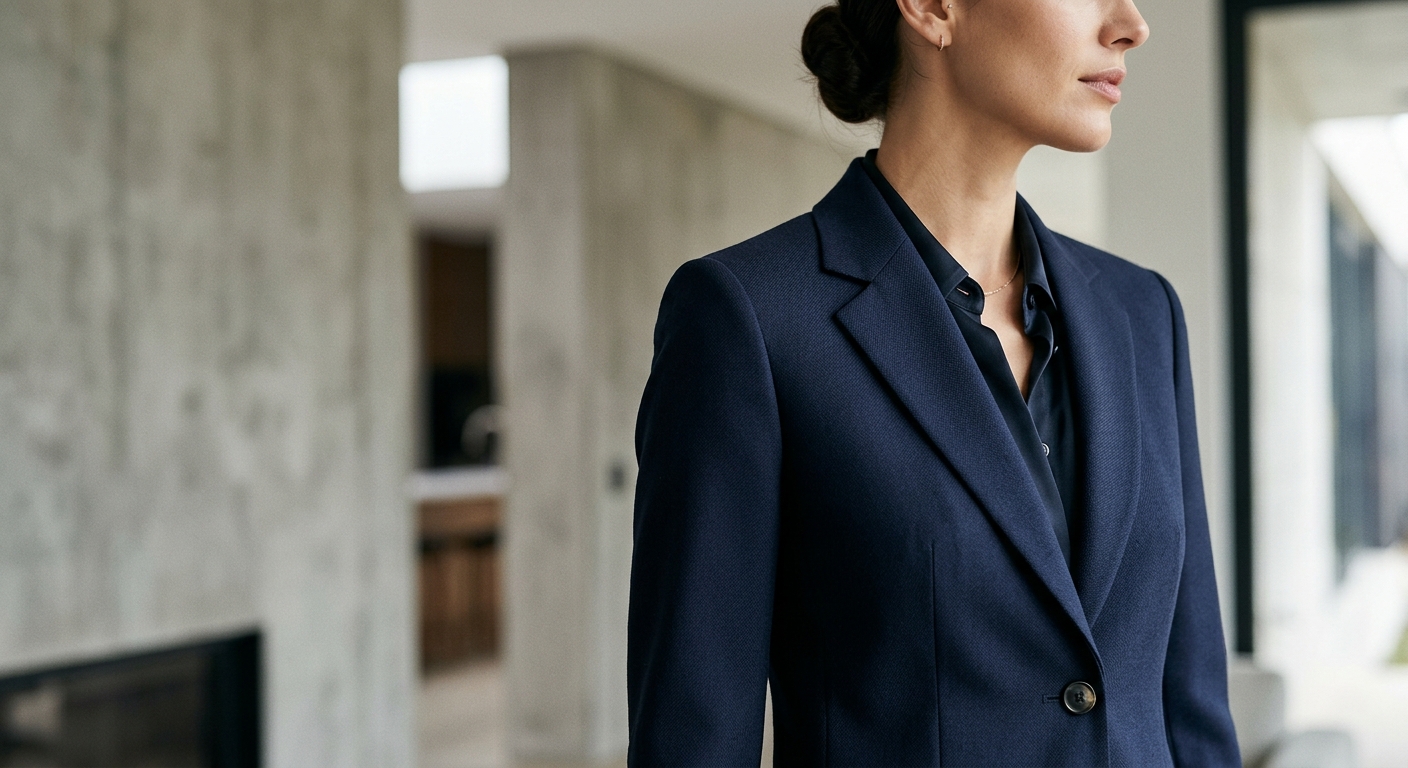 Detalje af fitted blazer der viser struktureret pasform og præcise snit